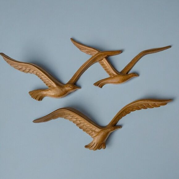 Vintage HOMCO Seagulls Flying Birds Syroco Faux Wood Composite Wall Decor 2 Pc - Picture 1 of 16